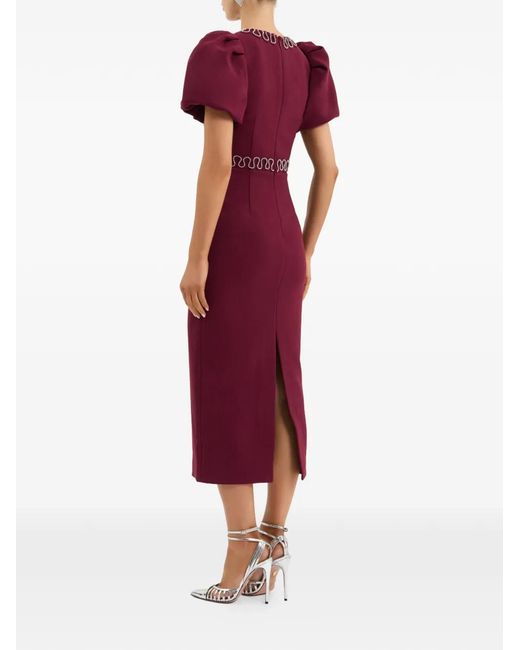 Rebecca Vallance Red Cava Puff-Sleeves Embellished Midi Dress