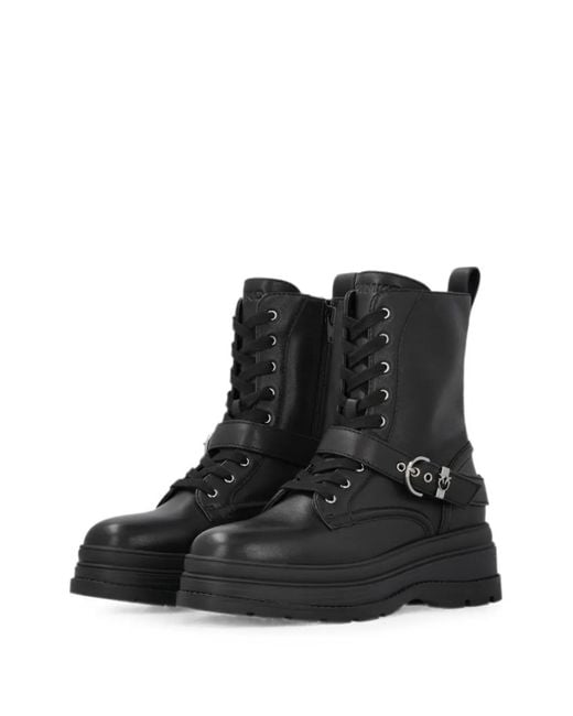 Pinko Black Buckle-Strap Lace-Up Boots
