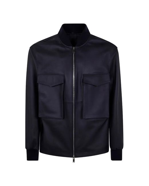Desa Nineteenseventytwo Blue Patch-Pocket Leather Bomber Jacket for men
