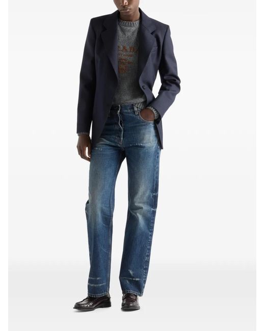 Prada Gray Intarsia-Logo Crew-Neck Sweater