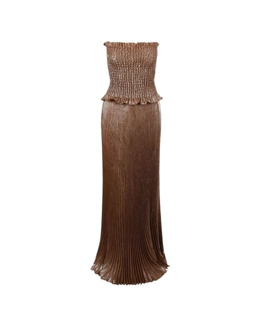 L'idée Brown Maya Smocked Pleated Gown