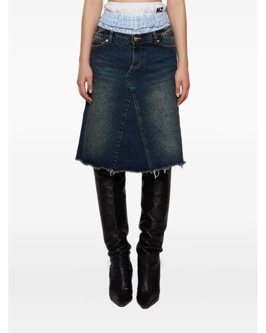 Natasha Zinko Blue Frayed Triple-Waist Denim Skirt
