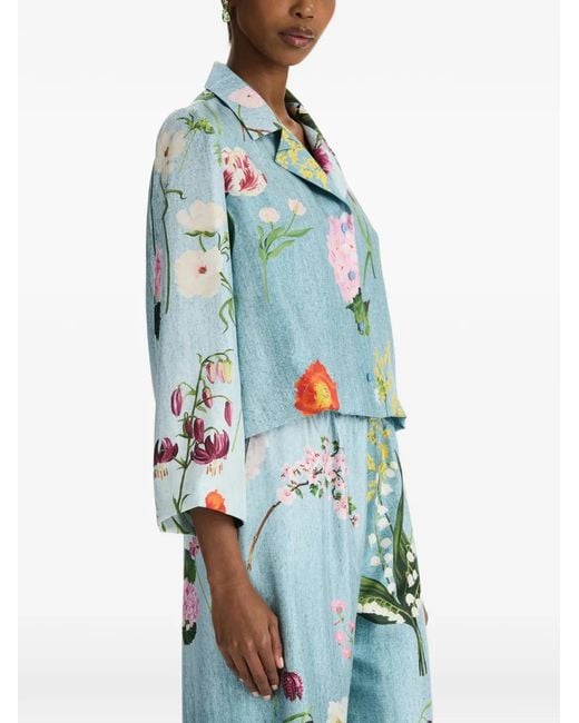 Oscar de la Renta Blue Botanical-Print Silk Blouse