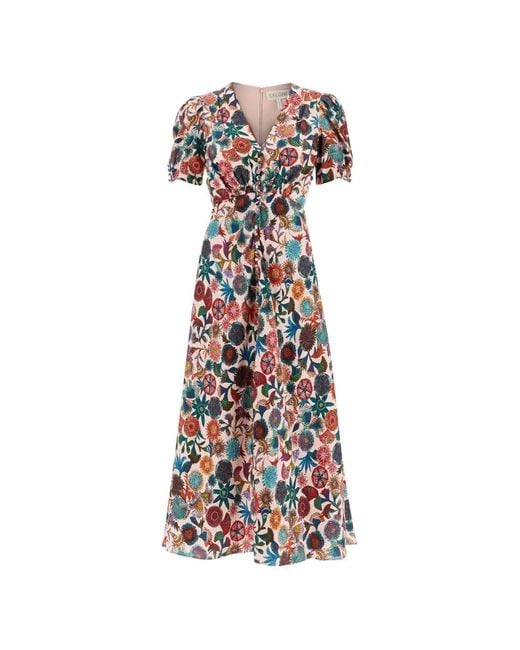Saloni White Puff-Sleeve Floral Print Maxi Dress