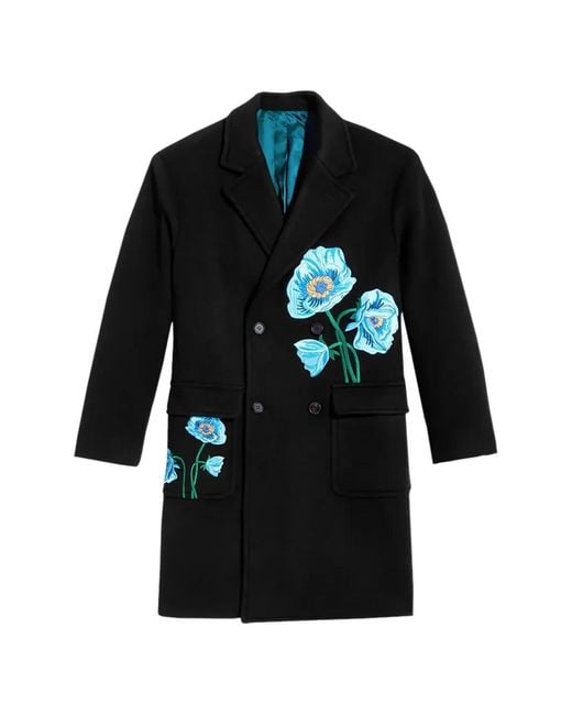 AWAKE NY Black Floral-Embroidered Double-Breasted Overcoat for men