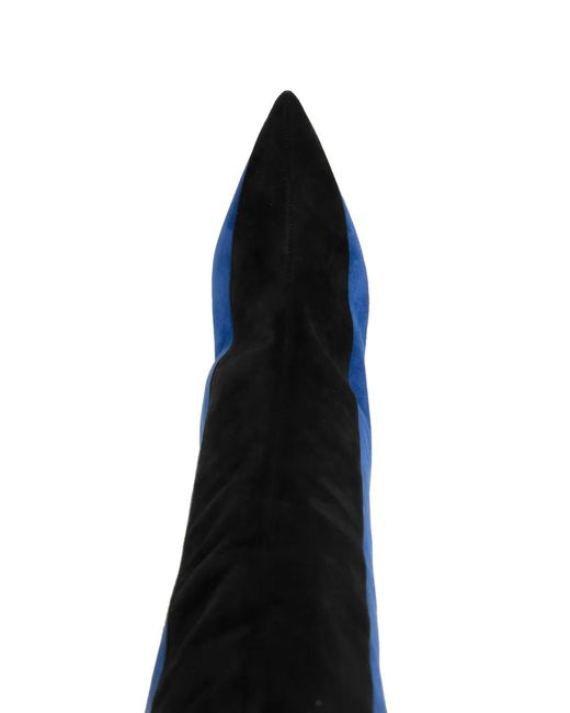 Manolo Blahnik Blue Striped Suede Thigh-High Pointed Boots