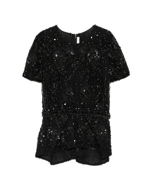 Naeem Khan Black Bead-Embellished Peplum Top