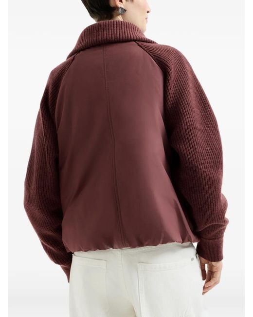 Brunello Cucinelli Red Techno Cotton Taffeta And Virgin Wool, Cashmere And Silk Knit Down Jacket With Shiny Zipper Pull