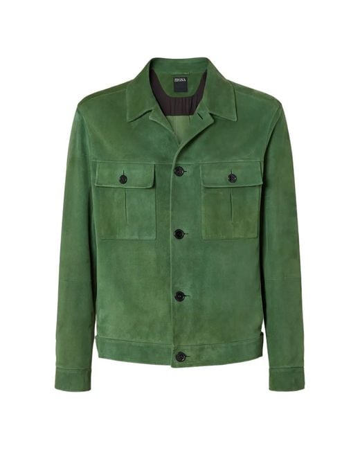 Zegna Green Suede Flap-Pocket Jacket for men