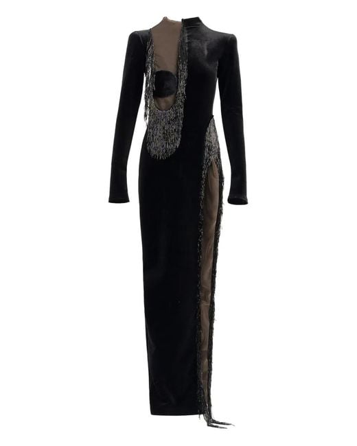 Ana Radu Black Fringe-Detailed Side-Slit Maxi Dress