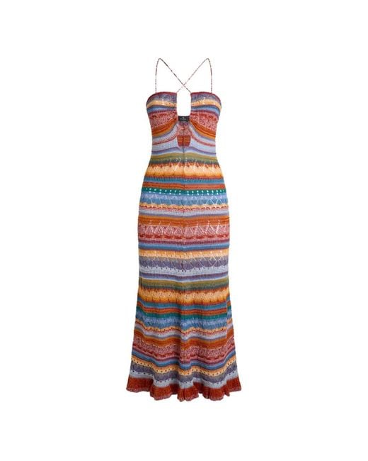 Etro White Robe Longue En Maille À Rayures