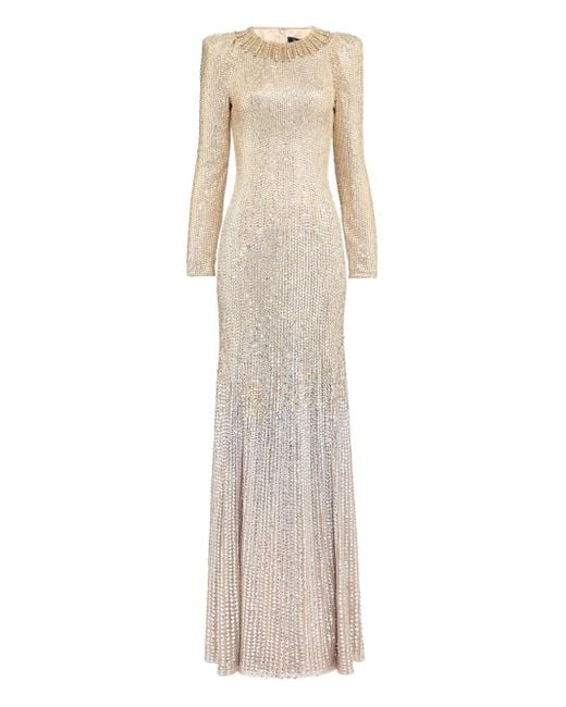 Jenny Packham Natural Sisi Embellished Long-Sleeve Gown