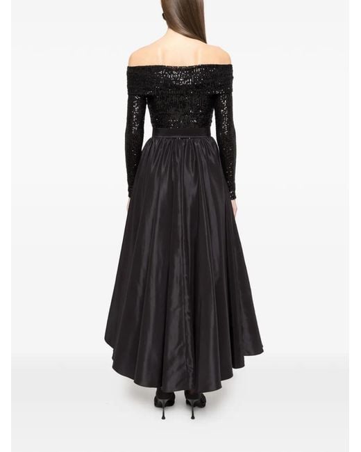 Nissa Black Sequin-Panel Taffeta Midi Dress
