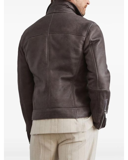 Brunello Cucinelli Gray Shearling-Lined Leather Jacket for men