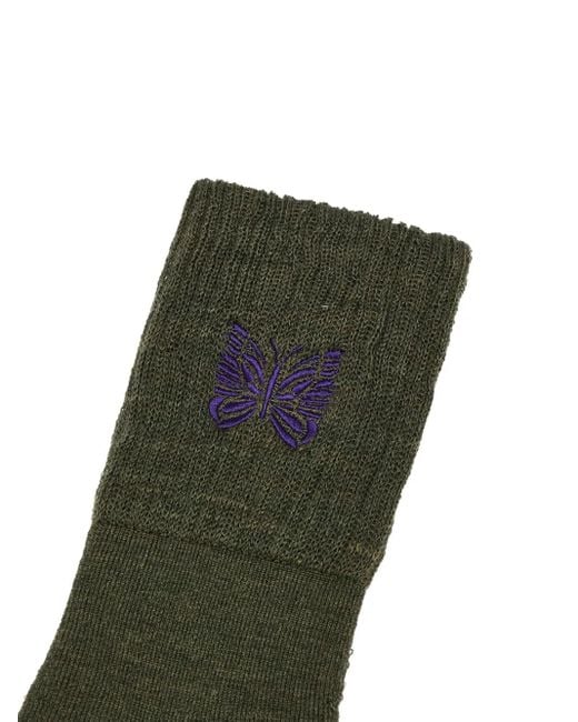 Needles Green Butterfly-Embroidered Wool Socks for men