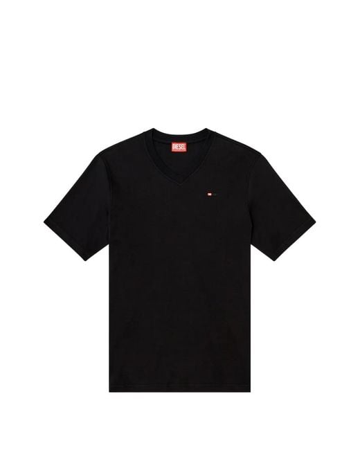 DIESEL Black V-Neck T-Shirt With Micro Logo Embroidery for men