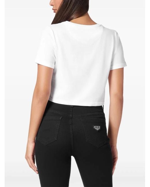 Philipp Plein Crystal Hexagon Cropped T-Shirt in het White
