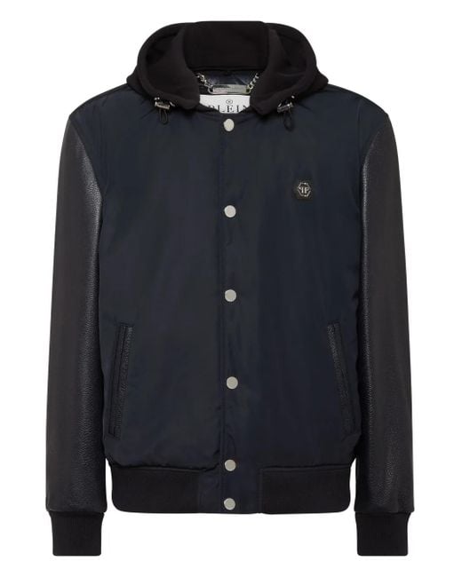 Philipp Plein Black Leather-Sleeve Hooded Bomber Jacket for men