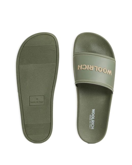 Woolrich Green Contrasting Stitching Logo Slide Sandals for men