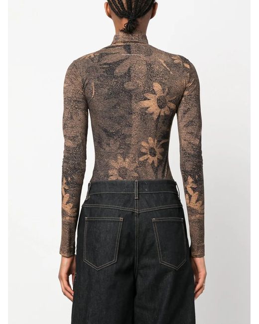 MM6 by Maison Margiela Brown Flower-Print High Neck Bodysuit