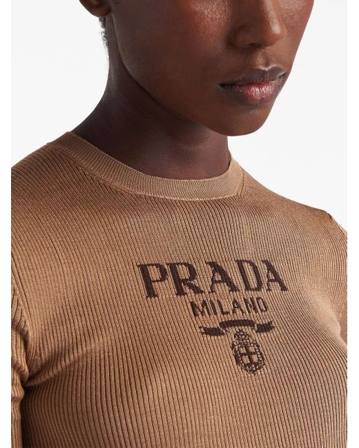 Prada Brown Logo-Intarsia Silk Top