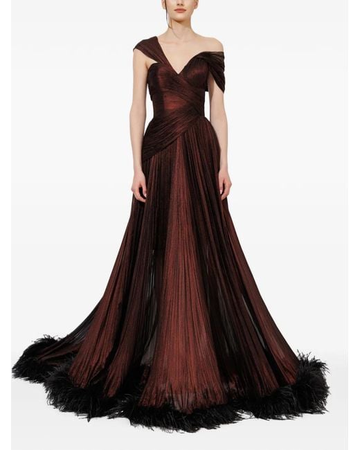 IRIS SERBAN Brown Carla Feather-Trimmed Pleated Gown