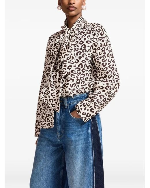 Essentiel Antwerp Blue Leopard-Print Pussy-Bow Shirt