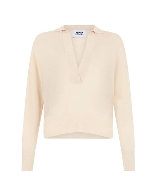 Alpha Studio White Polo-Collar Sweater