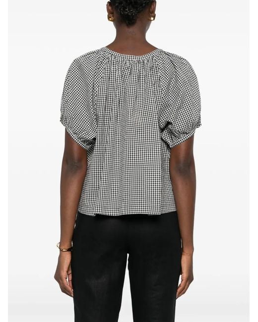 Doen Gray June Gingham-Check Puff-Sleeve Top