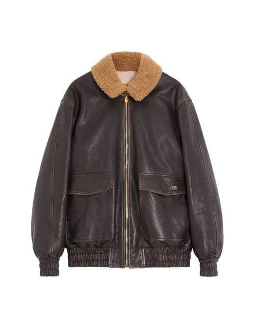 Valentino Garavani Black Shearling-Collar Leather Bomber Jacket