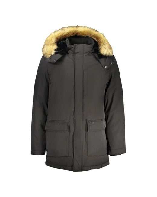 Guess Gray Faux-Fur Trim Hooded Parka Coat for men