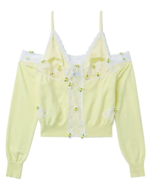 Pushbutton Yellow Lace-trim Triangle-cup Blouse