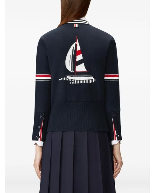 Thom Browne Blue Sailboat-Jacquard Rwb-Stripe Cardigan