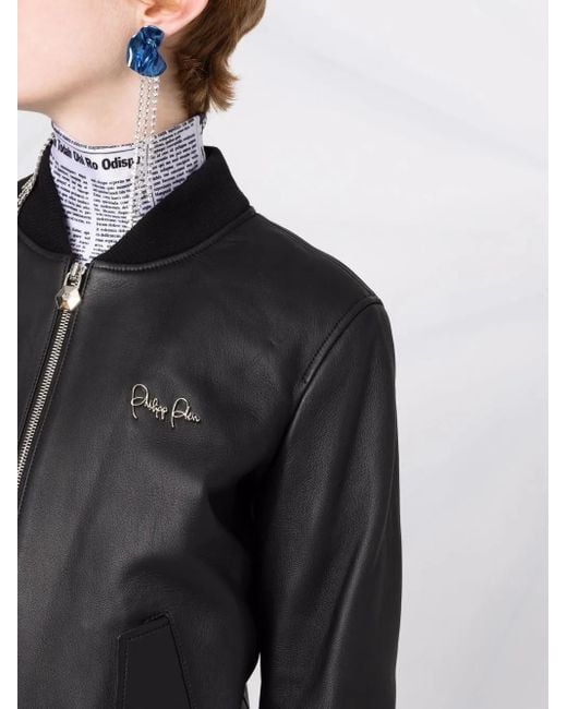 Philipp Plein Black Leather Bomber Jacket