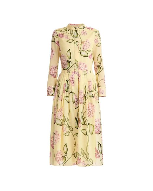 Oscar de la Renta Metallic Porcelain Flower Cotton Poplin Long-Sleeve Dress