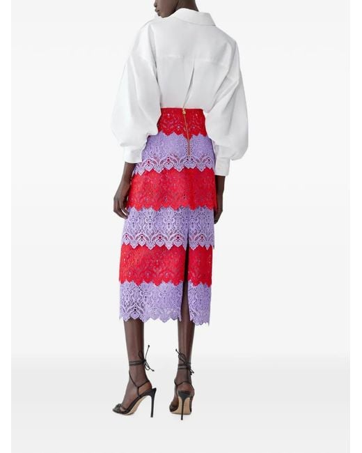 Carolina Herrera Red Lace-Trim Midi Pencil Skirt