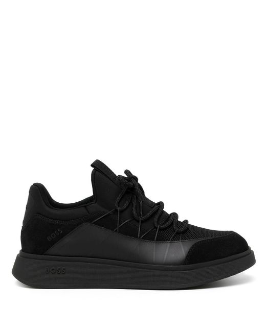 BOSS by HUGO BOSS Leather Bulton Panelled Trainer in Black for Men Lyst