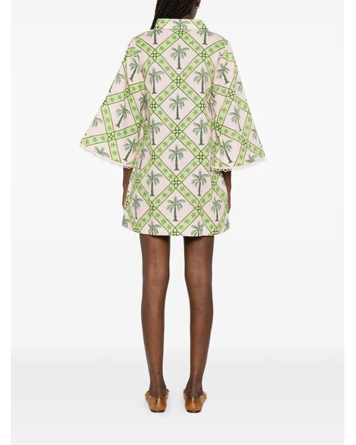 VERANDAH White Palm-Print Bell-Sleeve Mini Dress