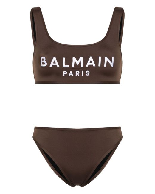 Balmain Brown Embroidered-logo Scoop-neck Bikini Set