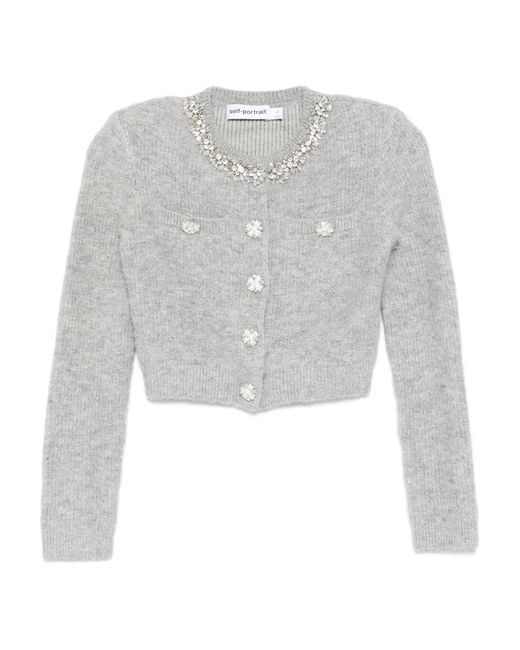 Self-Portrait White Cardigan With Crystal Finishes