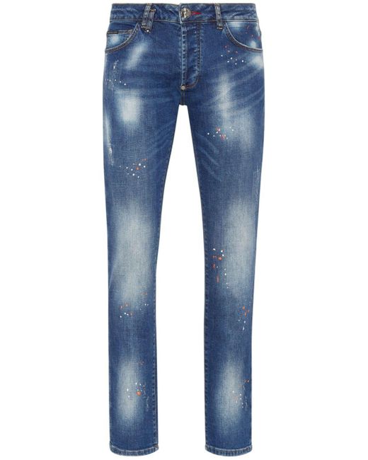Philipp Plein Halbhohe Lion Circus Slim-Fit-Jeans in Blue für Herren