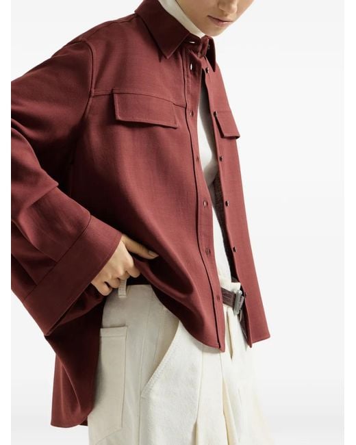 Brunello Cucinelli Red Virgin-Wool Fluid Twill Cropped Shirt