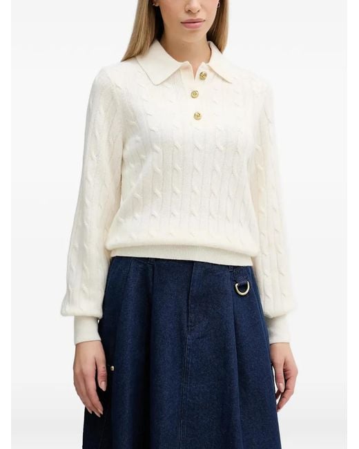 Barbour White Evie Cable-Knit Button Polo Top
