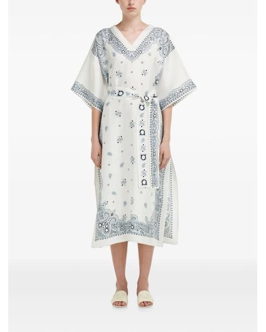 Ferragamo White Arabesque-Print Silk Caftan