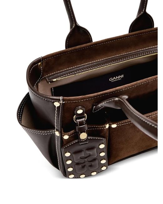Ganni Brown Small Posy Stud Embellished Shoulder Bag