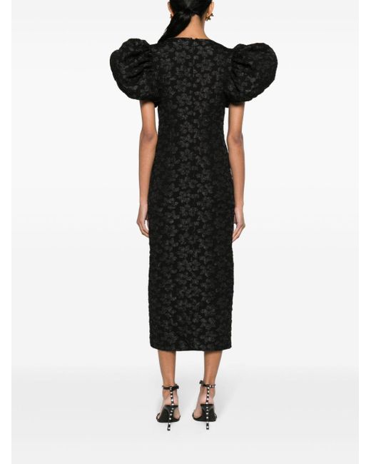 ROTATE BIRGER CHRISTENSEN Black 3d Jacquard Puff-sleeve Midi Dress