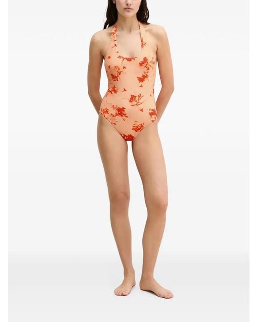 Marc O' Polo Orange Floral-Print Halterneck Swimsuit