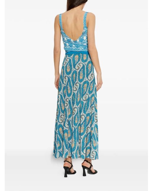 Etro Blue Patterned Tie-Waist Maxi Dress