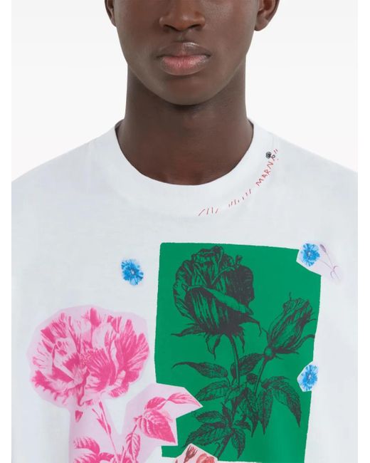 Marni White Floral-Print Cotton T-Shirt for men