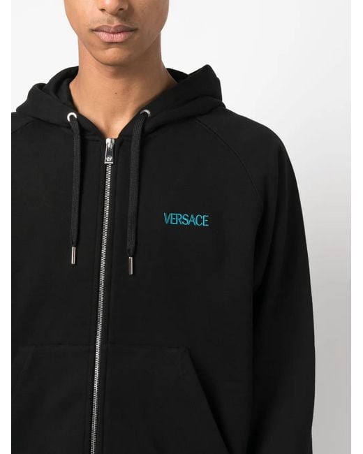 Versace Black Embroidered-City Lights Zip-Up Hoodie for men
